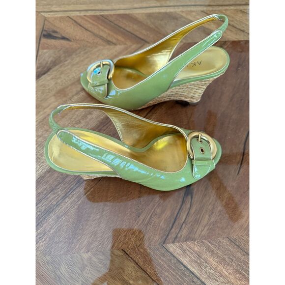 Anne Klein PT Mistral Green and Gold Buckle Peep Toe Wedge Slingback Wicker Heel - Picture 5 of 8